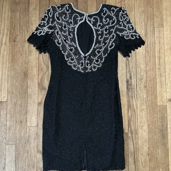 Vintage Stenay Silk Black Beaded Cocktail Dress 8 Pearl Cutout Glam 80s  Retro